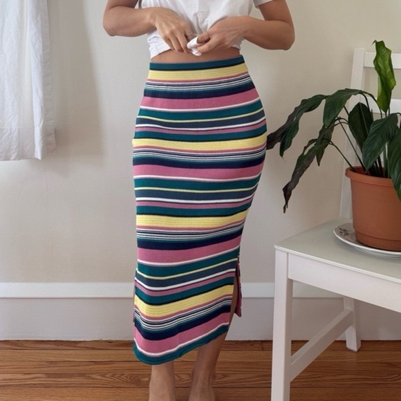 Maeve Anthropologie Lana Striped Midi Skirt Multicolor Side Slit Small - Picture 1 of 7